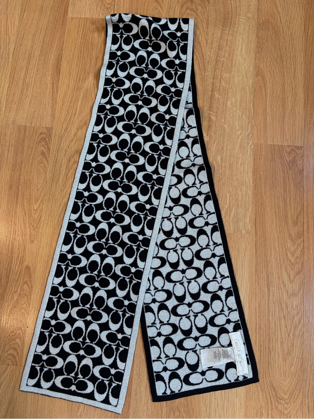 Coach Sparkly Silver and Black Signature Reversible Wool Blend Scarf